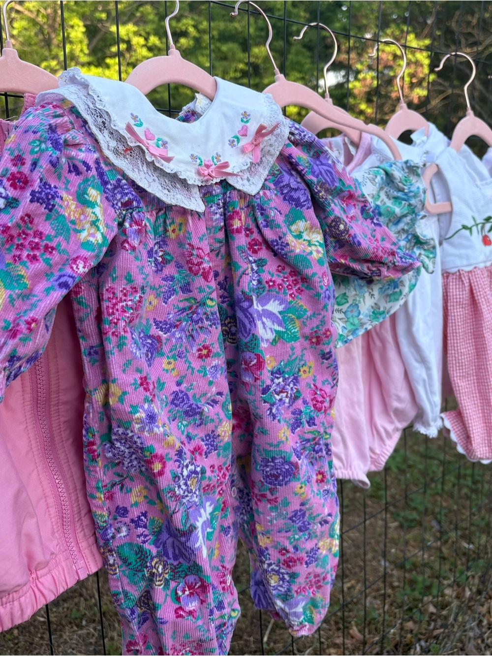 Vintage Floral Corduroy Baby Romper in Pink and Purple